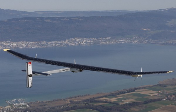 Solar Impulse HB-SIA prototype airplane attends his first flight over Payerne